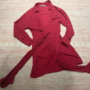 Red Zara long sleeve wrap dress with collar